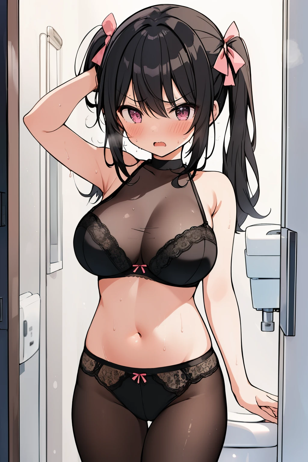 (( masterpiece, highest quality))), (girl)、NSFW(Loli、、cute、standing_split、low length、black hair、twin tails、(huge breasts:1.8、belly button、pink bra、panties、black tights)drunk eyes、angry look、anger、((close)), ((flushed)),,,Sweat、night:2.0、Hotel、perfect composition、close、