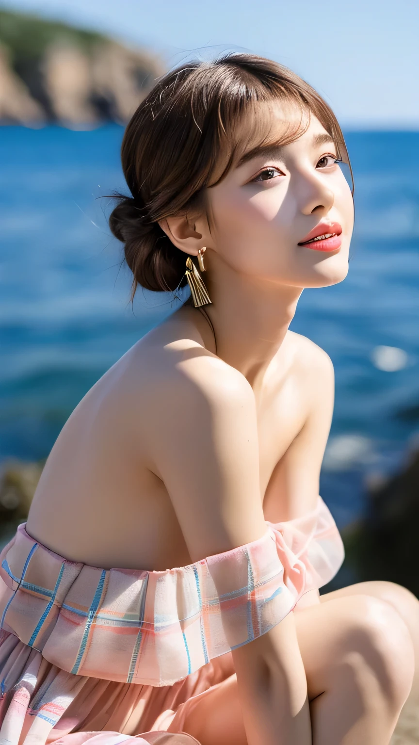 ((highest quality, 8K, masterpiece :1.3)), (realistic, Photoreal:1.4), sharp focus：1.2, 
Bright colors, professional level, shallow depth of field, 
20-year-old, 1 person, A beautiful face with intelligence, 
Supple body :1.3, model body shape:1.5, 頭w:1.4, perfect style：1.4, 
narrow shoulders, beautiful clavicle, long and thin legs, The beauty of slim abs :1.2, thin waist :1.2, 
super detailed skin, Fair skin, Shiny skin, 
super detailed face, slim facial contour, beautiful small face, Beautiful lined nose, 
super detailed eyes, long slit eyes, brown eyes, double eyelid, beautiful thin eyebrows, fine long eyelashes, 
super detailed lips, plump lips, glossy pink lips, flushed cheeks, beautiful teeth, 
Beautiful actress&#39;s ennui makeup, pink lipstick, (necklace, earrings), 
milk greige hair, delicate soft hair, 
(hair up, short hair, ponytail:1.2), layer cut, (dull bangs:1.2), 
(Dress up with trendy fashion:1.2), 
gentle smile, open mouth half way, Enchanted expression, stare at the camera, 
dynamic lighting, ((Hasselblad Photos)), 

(She is completely naked wearing a sheer plaid low rise bikini.:1.3), 
(perfect breast shape, B cup:1.2), It is a small pale pink areola.,  
(She has a cute plump butt, My thighs are dazzling), 
(View from the front, pay attention to the thighs, full body portrait:1.2), 

blue sky and aegean sea, sea beach, The horizon of the ocean spreading out in the background, 
(Sitting with legs spread in a beautiful posture, Diagonal angle of view), 
cinematic lighting, midsummer rays, Bright light shining all over, 