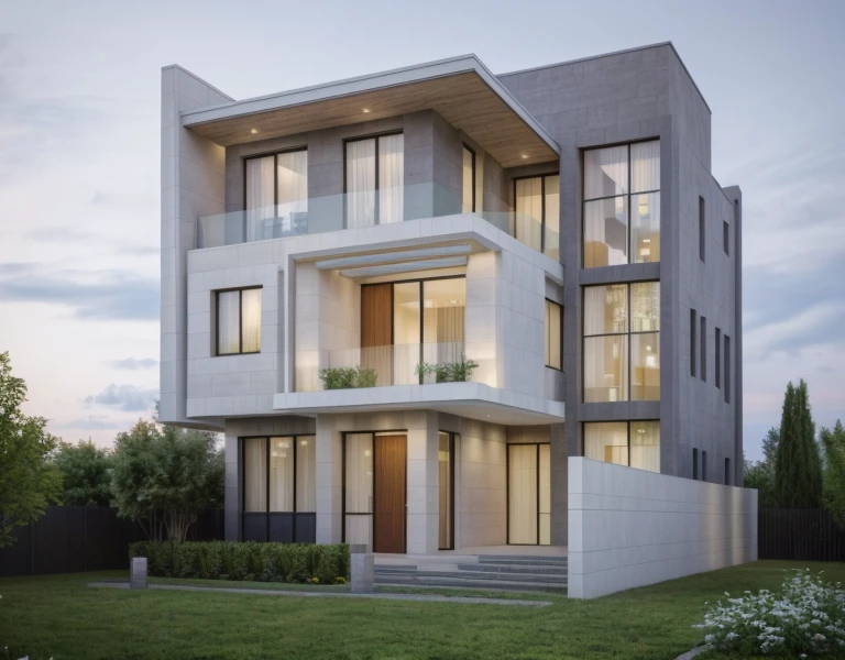 (masterpiece),(high quality), best quality, real,(realistic), super detailed, (full detail),(4k),8k,modern house exterior design,Modern architecture,Beautiful_sky,Day light, no_humans, outdoors,sky,tree,Garden flower front of building,