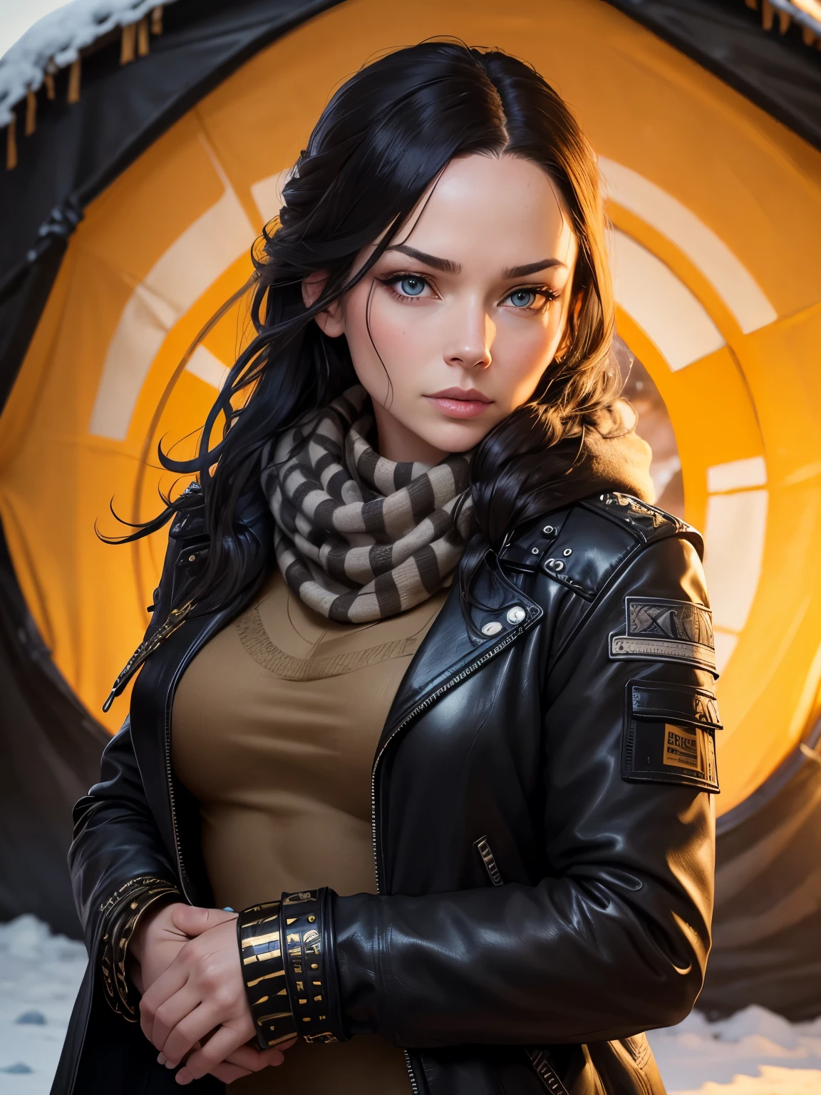Actress Rebecca Ferguson, grubby skin, large blank eyes, black hair tied in single long plait with fine golden threads, arms folded, arrogant expression, cold, snow, one eyebrow raised, wearing scruffy leather jacket with studs, tatty patched canvas trousers, multicam keffiyeh, bulky gloves, standing outside a traditional yurt at night, brazier