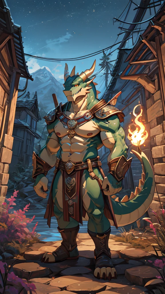 Scene of a movie. Alone by himself. Leviathan(anthro), draconic appearance, amber eyes, aqua-green body, lighter underjaw, tail, pair of wings. Ultra detailed face, sharp teeth, claws, muscular, 30 years old male, medieval clothes, shirtless. background, outside, plains, canpentry barrack, river, sunlight, few trees. Facing camera. d&d comission art. Best quality, masterpiece, absurdres.