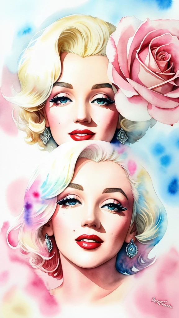 close up photo of Marilyn Monroe, watrcolor style, (rose) digital art, official art, blown by the wind, masterpiece, beautiful, ((watercolor)), paint splatter, intricate detail. Great detail, [dripping:0.7], Trending on Artstation, Rachel Walker