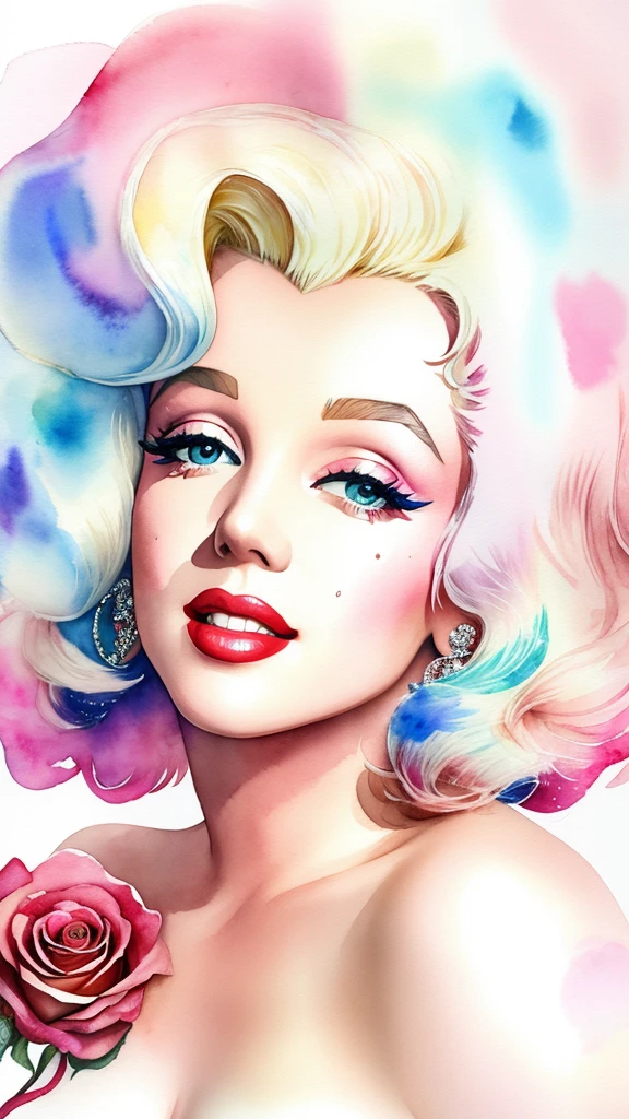 close up photo of Marilyn Monroe, watrcolor style, (rose) digital art, official art, blown by the wind, masterpiece, beautiful, ((watercolor)), paint splatter, intricate detail. Great detail, [dripping:0.7], Trending on Artstation, Rachel Walker