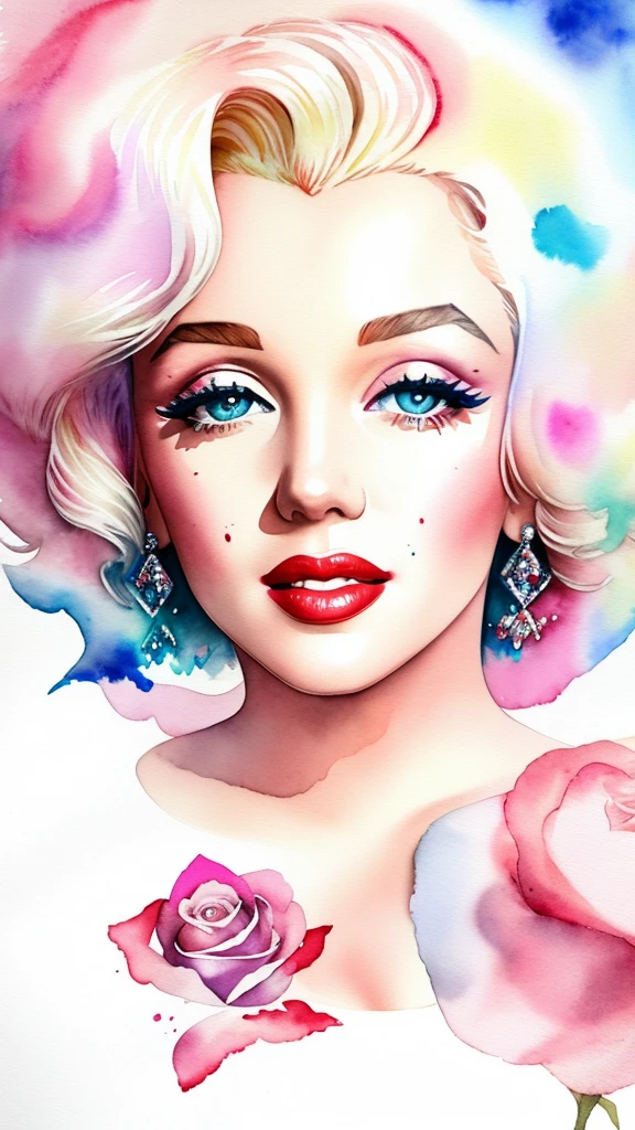 close up photo of Marilyn Monroe, watrcolor style, (rose) digital art, official art, blown by the wind, masterpiece, beautiful, ((watercolor)), paint splatter, intricate detail. Great detail, [dripping:0.7], Trending on Artstation, Rachel Walker