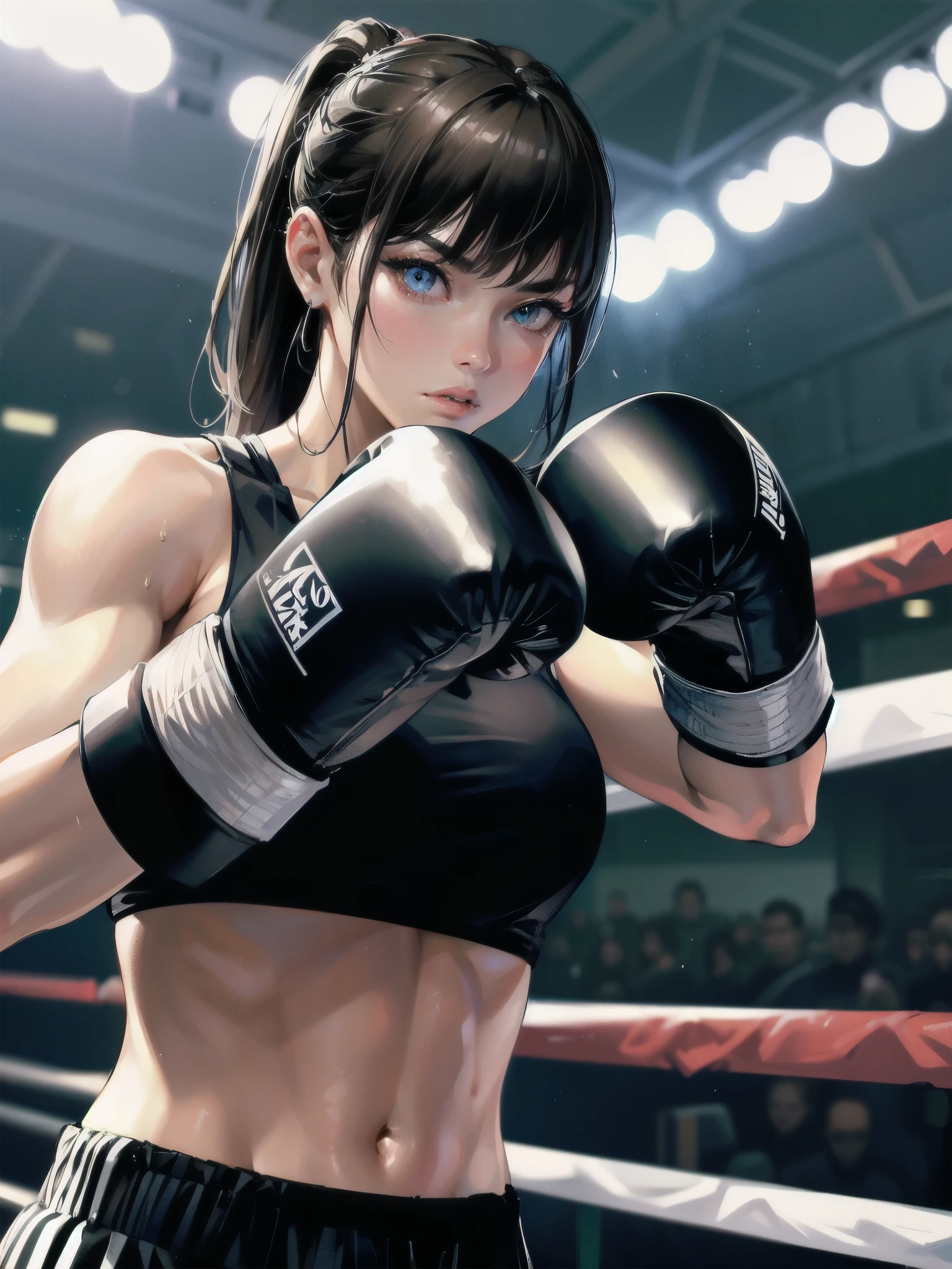 high quality,HD,16k,sharp lines,1 girl,Female boxing athlete ,cute face, large breasts, nice legs,At the boxing venue,focus girl,detailed beautiful face,detailed clothes,beautiful eyes,cool,dynamic angle