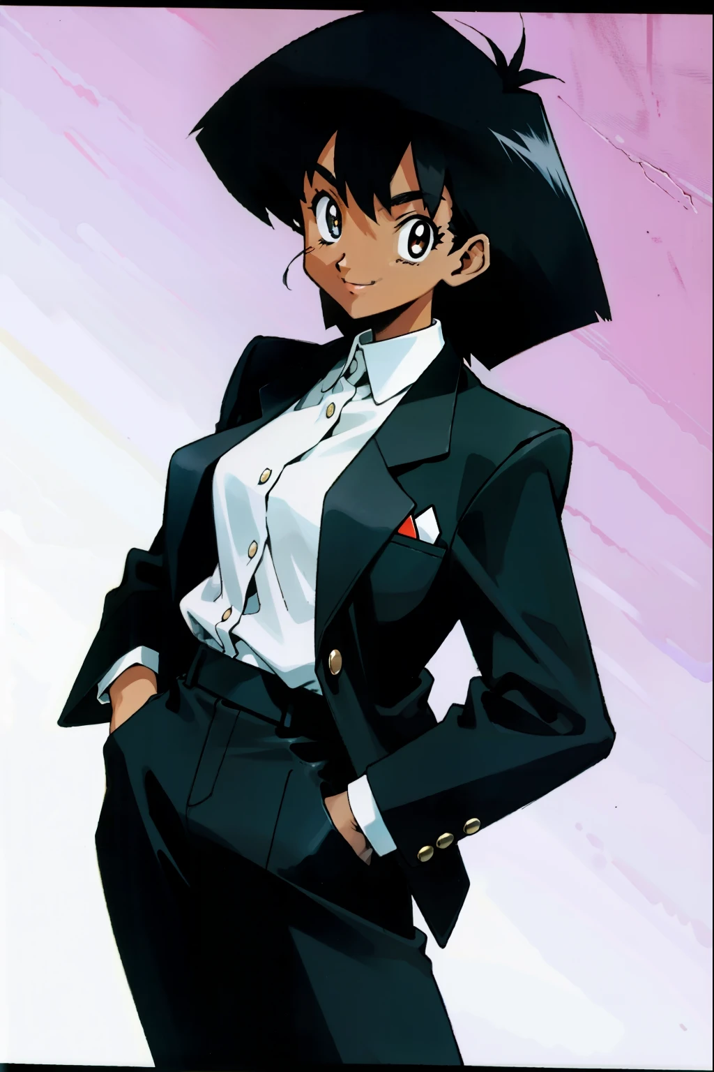 by Ken Sugimori, sugimori 1990s, ((only 1woman)), african, dark skinned, black business suit, smiling, white collared shirt ((hands behind their back)), full black pupils, manga, best quality, highly detailed, clean lines, cowboy shot, good hands, good eyes, hd, 8k, professional, symmetrical, hires, 8k,