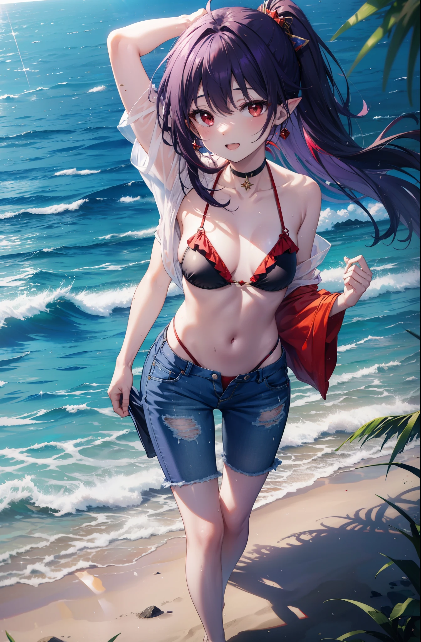 yuukikonno, Yuki Konno, hair band, long hair, pointy ears, purple hair, (red eyes:1.5), (small breasts:1.2),happy smile, smile, open your mouth, open your mouth,Purple bikini swimsuit,Short Damage Denim Pants,barefoot,barefoot,sandy beach,beach,Light of the sun,real summer,
break looking at viewer, Upper body, full body,
break outdoors, beach,
break (masterpiece:1.2), highest quality, High resolution, unity 8k wallpaper, (shape:0.8), (fine and beautiful eyes:1.6), highly detailed face, perfect lighting, Very detailed CG, (perfect hands, perfect anatomy),
