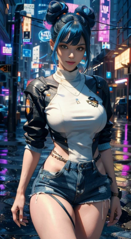 android 18,yorha 2b,samus aran,jill valentine, overwatch,atelier ryza,close up,yakuza mansion, tattoos,white and gold plugsuit,black short sleeve sport top,chain wallet,royal blue short sleeve punk jacket,white cargo pants,short punk hair,punk makeup,blue eyes,multicolored silver hair,punk gloves,sexy smile,freckles,beautiful girl,punk boots,large breasts,8k,ultra detailed, realistic,fantasy art,hair pin,wet body,ear piercings,(weather:rainy),1girl, gold neck, hand, waist and head jewelry,hunting knife,