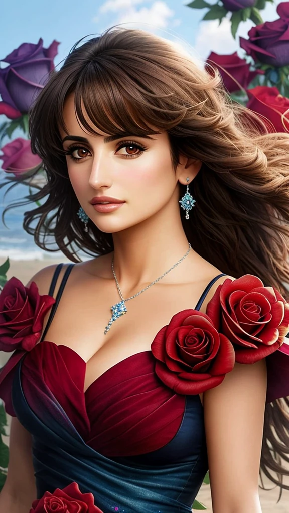 close up photo of Penelope Cruz, (rose) digital art, official art, blown by the wind, masterpiece, beautiful, paint splatter, intricate detail. Great detail, [dripping:0.7], Trending on Artstation, Rachel Walker
