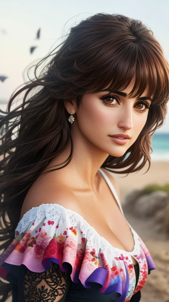 close up photo of Penelope Cruz, (rose) digital art, official art, blown by the wind, masterpiece, beautiful, paint splatter, intricate detail. Great detail, [dripping:0.7], Trending on Artstation, Rachel Walker