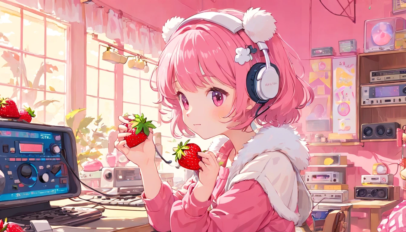 strawberryミルク、((strawberryとミルク))、perfect body、knee-length skirt、girl wearing headphones、(((Girl's UP)))、(((The girl's face is well visible)))、make many round chicks、((12 years old))、(((cassette tape、radio cassette player、record)))、cute beautiful girl、((Listening to music with headphones on))、machine、computer、light bulb、window、Chair、curtain、retro、(((80s))) Neon color、pastel colour、((Light pink room))、Polka dot pattern、strawberry、80'sパターン、round pattern、square pattern、Cartoon screentones、Dot pattern is applied from above、cooking、chick chick、Cotton candy、candy、(((Get into a rhythm))), (((lofi-art))), Cute white fur ball creature、(((The structure and balance of the face of the human body, objects, and living things are well-balanced without any discomfort.))), (((the fingers of the hand5Book))), (((beautiful and well-shaped body)))、(((Cute and beautiful face)))、(((strawberry、summer、pink and white)))
