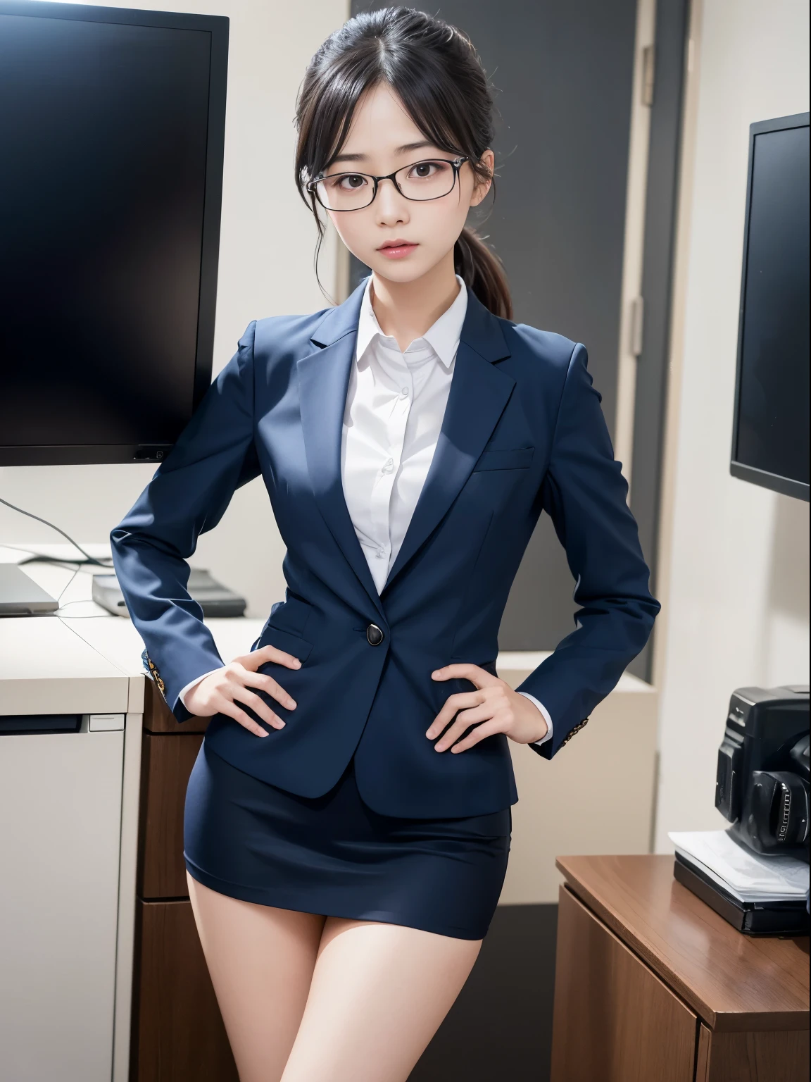 one person、solo、A 20-year-old office lady in office uniform poses for a photo shoot、glare、sexy、victory、Tsundere、Saucy、Single knot、OL、suit、blue mini skirt、anger、Small、Small顔、glasses、Slim girl model photo、Body:史上最Smallの美少女、female model、Japanese female fashion model、(8K、RAW photo、Highest image quality、masterpiece:1.2)、(real、photorealistic:1.37)、Ultra high definition、Ultra high definition、Office Street、standing position、whole body、((((SEXY)))