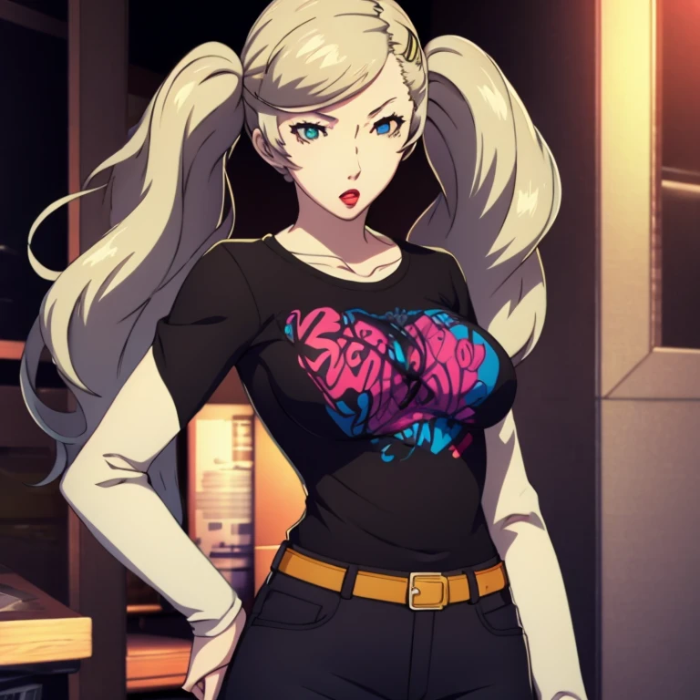 Ann takamaki, blonde hair, twintails, best quality, masterpiece, 1girl, solo, standing, black t-shirt, white shirt, blue jeans, belt, lipstick, large breasts