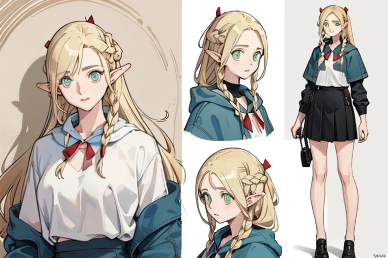 uniform，，black skirt，white top，stylish leather shoes， pop color，（character design sheet，front，return，~ side，same characters），The returnground is ，long blonde hair，，thick eyebrows, bust and waist，beautiful blonde，（masterpiece），（（highest quality）），（Super detailed），younger sister，（beautiful eyes beautiful details eyes，Clean and delicate face，five fingers，textile shades，Anatomical perfection
