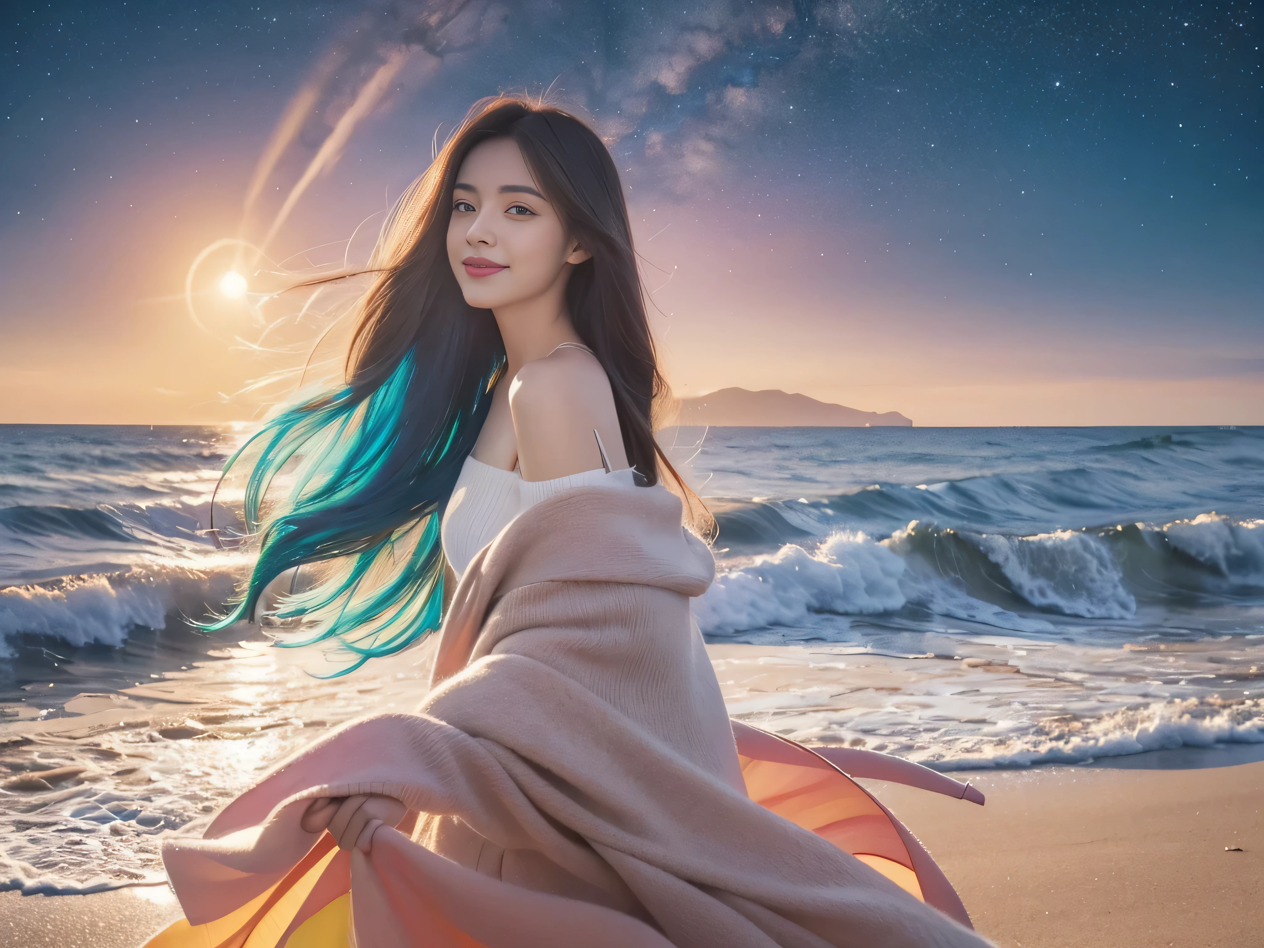 Milky way,Painting of woman with long hair and colorful hair, Beautiful digital illustration, Stunning digital illustrations, she is smile,Gorgeous digital art, A beautiful artistic illustration, beautiful digital artwork, beautiful digital art, Beautiful digital illustrations, complex digital painting, very beautiful digital art, vibrant digital painting, beautiful Gorgeous digital art, Psychedelic flowing long hair, Colorful digital painting, Inspiring digital art, stylized digital art ,sunrise light,long shadow