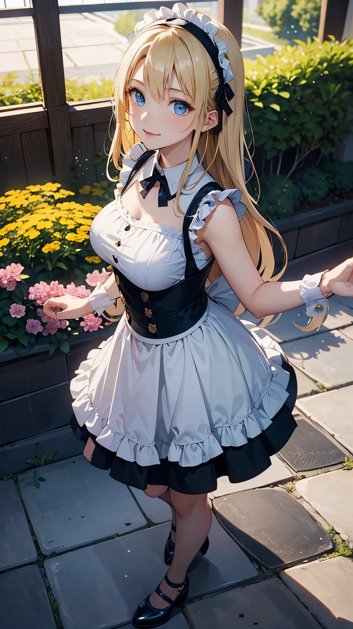 (masterpiece, highest quality, highest quality,official art),(1 girl:1.3),(attractive girl),((masterpiece, highest quality))、8K、one woman、((26 years old))、((blonde))、shortcut、attractive woman、blue eyes、Big eyes、sparkling eyes、Beautifully drawn eyes、bright smile、small bust、blue gothic maid、white headband、Knee to head、(dance)、flower bed full of blooming flowers、Gorgeous illustrations、aerial perspective、pure、transparent、Light、Light、Light、Light、