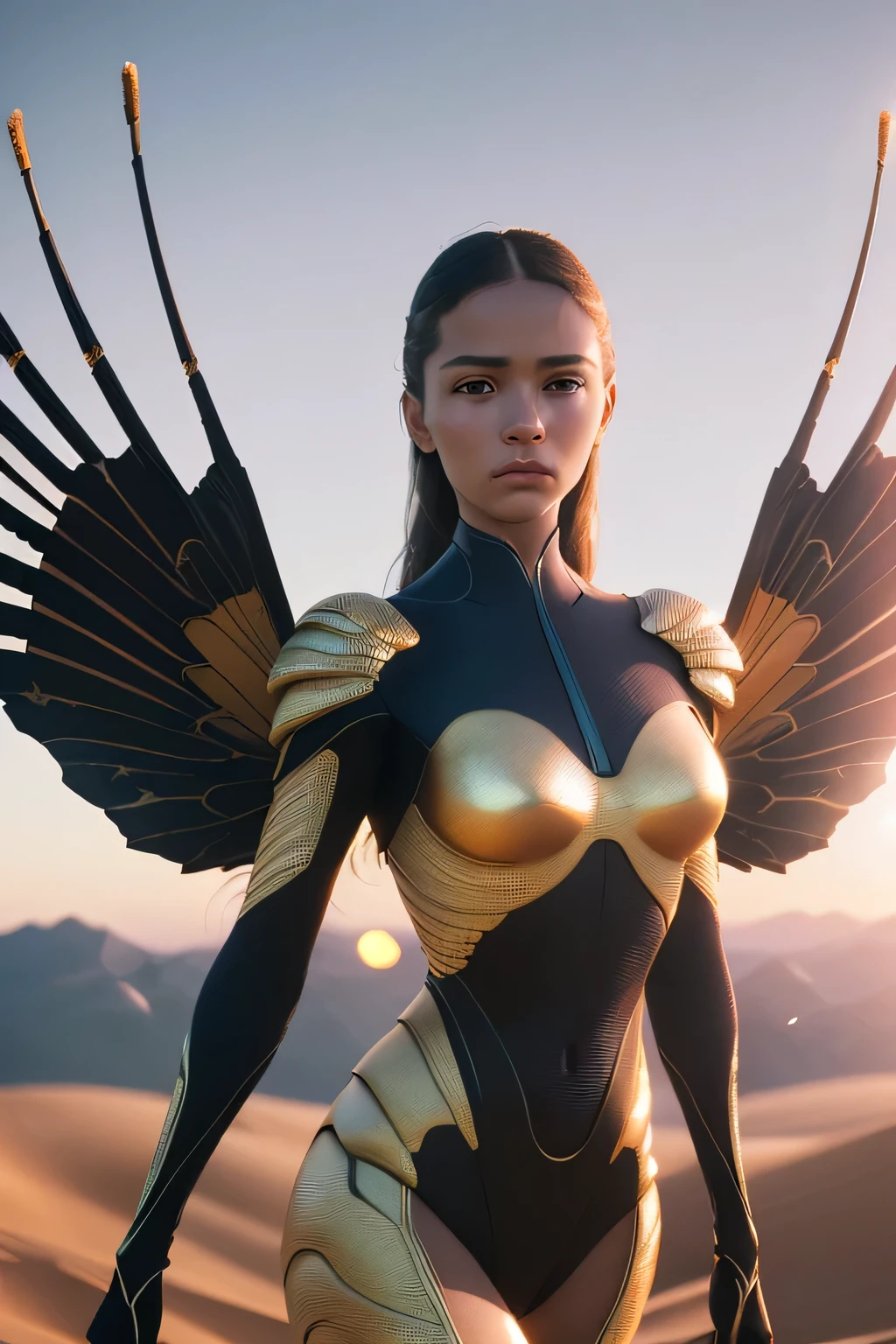 (masterpiece), (very complicated:1.3), (realistic), girl portrait, the most beautiful in the world, (bee-like wings), scale powder reflection, outdoor, intense sunlight, distant dune, Stunning female professional photo details, sharp focus, dramatic, Award history, cinematic lighting, Octane Rendering Unreal Engine, volumetrics dtx, (film grain, blurred background, blurred foreground, Bokeh, Depth of the bounds written, sunset, motion blur:1.3), thin clothing