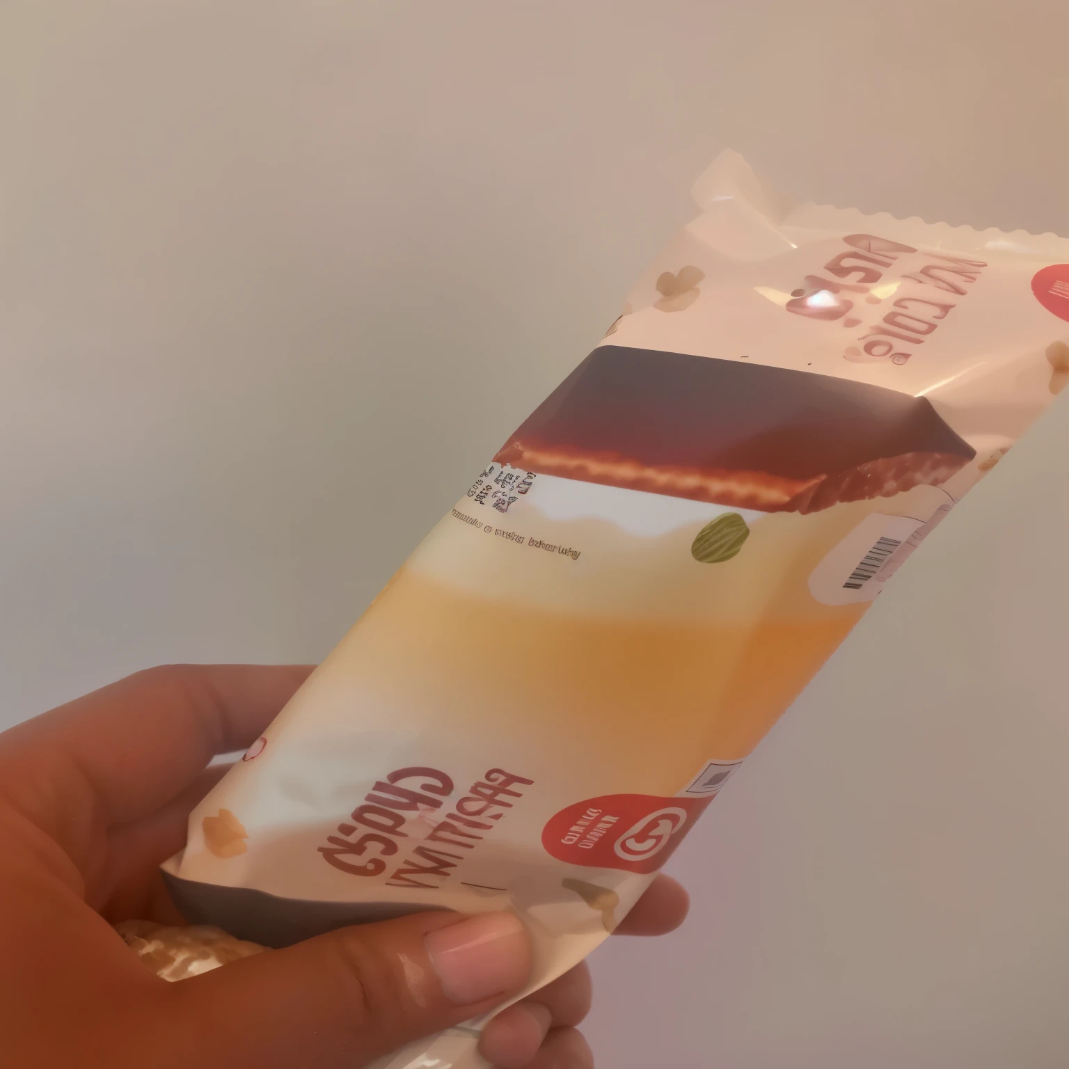someone holding a bag of food in their hand, not cropped, view from bottom to top, chocolate candy bar packaging, smooth in _ the background, not blurry, ice cream on the side, view from bottom, up close picture, smooth in the background, glowy, low quality photo, slightly blurred, very very low quality picture, view from the side