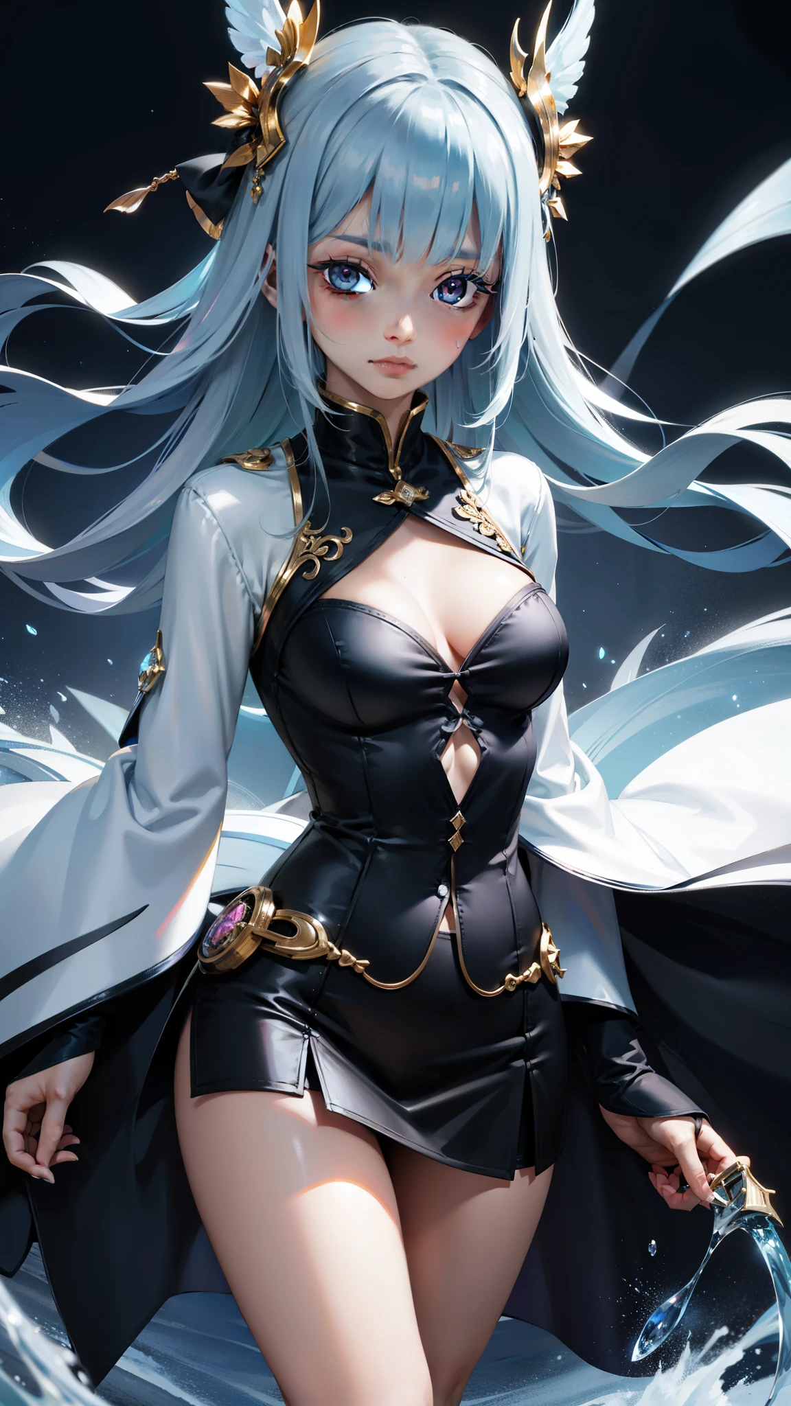 blue theme, masterpiece, magic , (impossible clothes:1.5), miniskirt, gradient background, silver blue hair, , blunt bangs,side lock, pink eyes, (ulzang-6500-v1.1:0.9), 中等breast, breast, Thigh clearance, hair accessories, Arched back, Black_witch_have,complex_Deco,mystery_fountain,luminescent_crystal