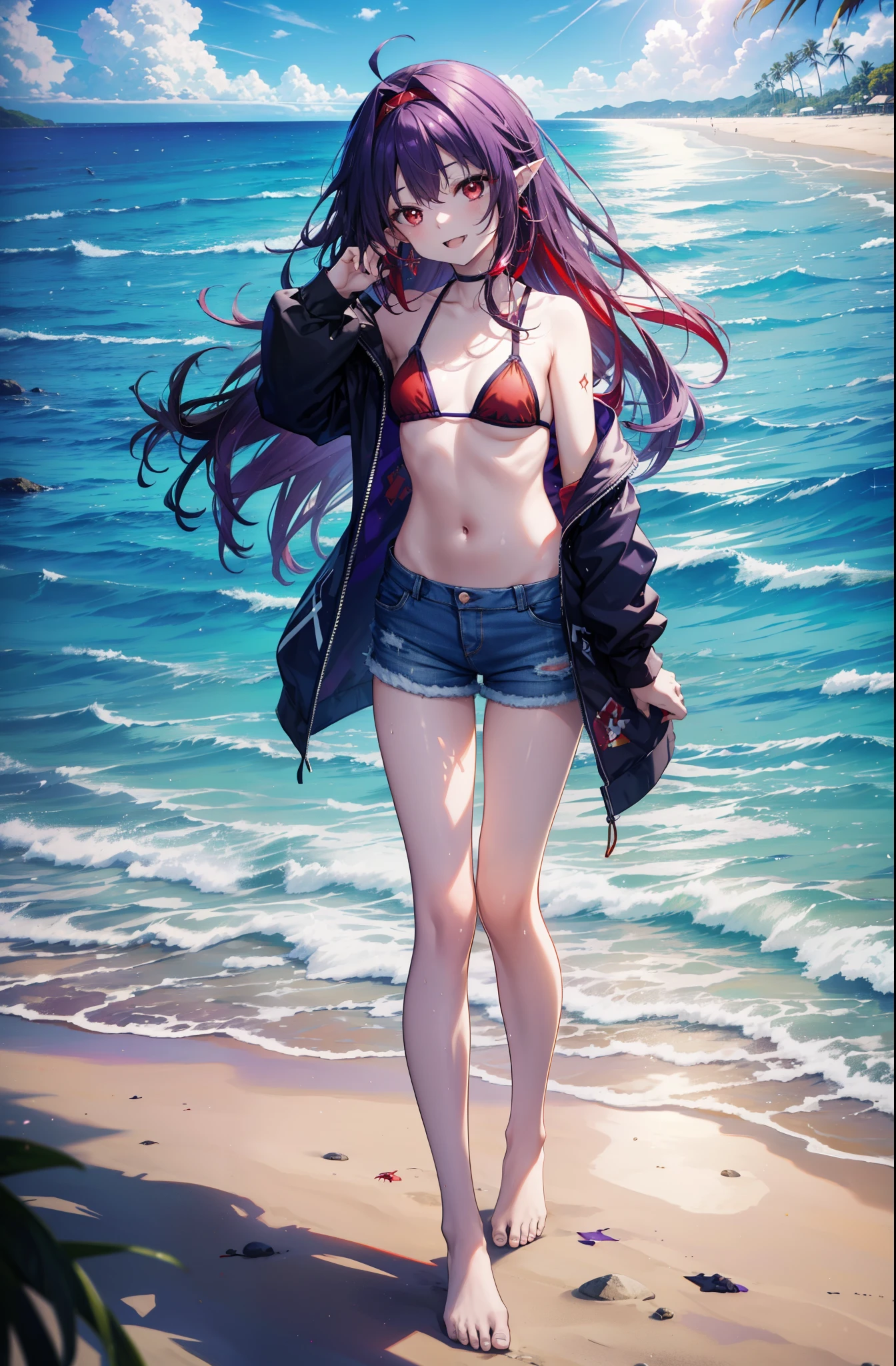 yuukikonno, Yuki Konno, hair band, long hair, pointy ears, purple hair, (red eyes:1.5), (small breasts:1.2),happy smile, smile, open your mouth, open your mouth,Purple bikini swimsuit,Short Damage Denim Pants,barefoot,barefoot,sandy beach,beach,Light of the sun,real summer,
break looking at viewer, Upper body, full body,
break outdoors, beach,
break (masterpiece:1.2), highest quality, High resolution, unity 8k wallpaper, (shape:0.8), (fine and beautiful eyes:1.6), highly detailed face, perfect lighting, Very detailed CG, (perfect hands, perfect anatomy),