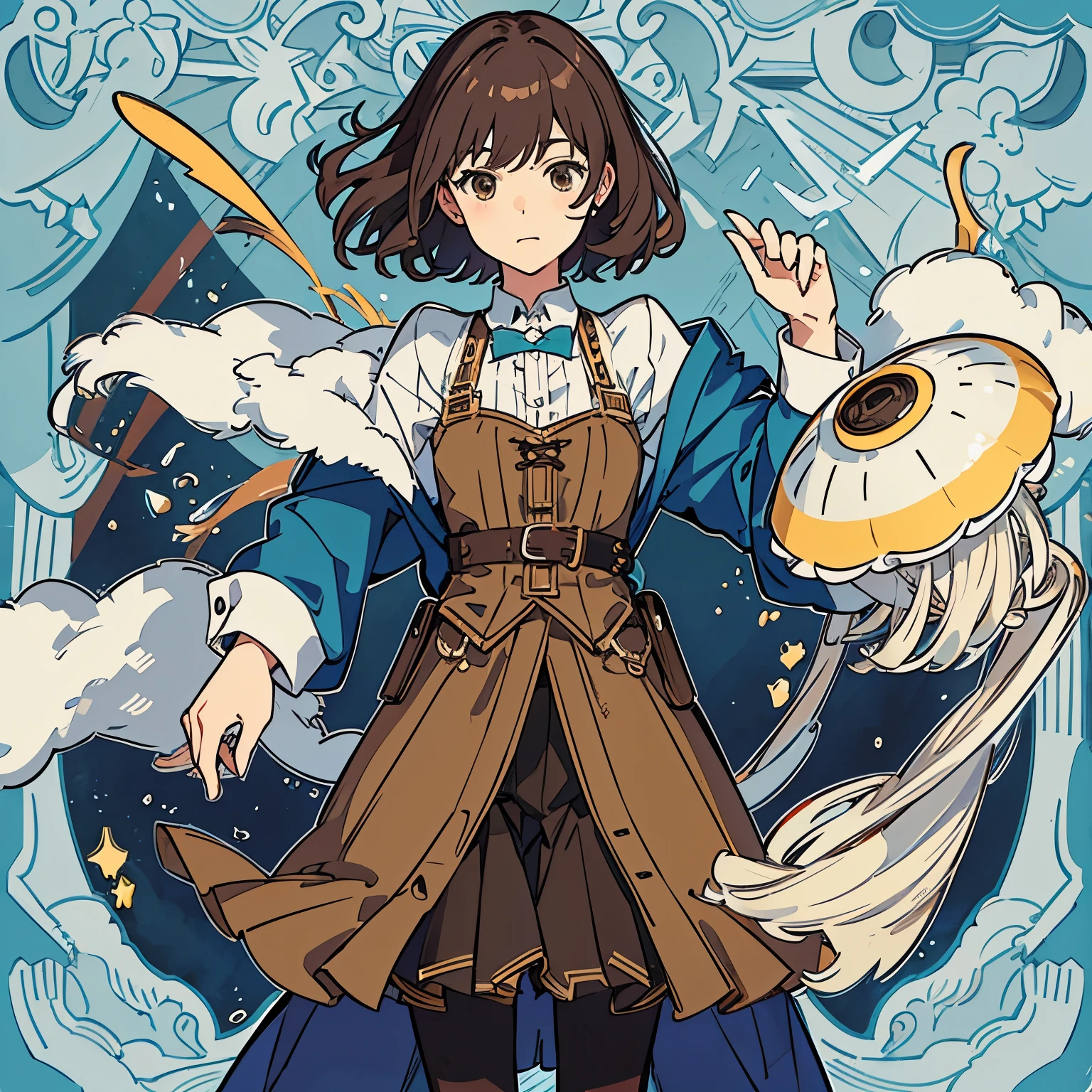 a teenage time traveler girl with a short brown haired with a jellyfish cut. steampunk-lolita themed  simple outfits that is useful for her time traveling journey. probably lives in 80's 