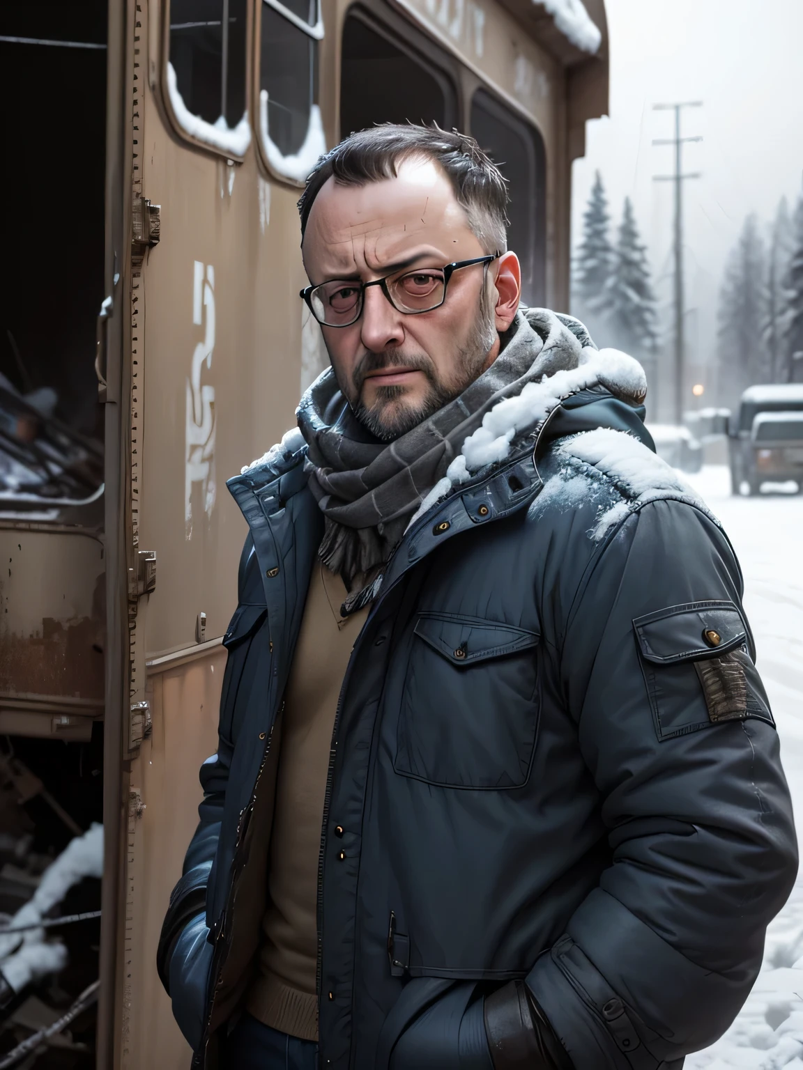 Jean Reno, grubby skin, frightened expression, hands behind back, cold, snow, eyebrows raised, wearing padded blue parka, tatty patched canvas trousers, multicam keffiyeh, standing beside the burned out wreck of a big truck