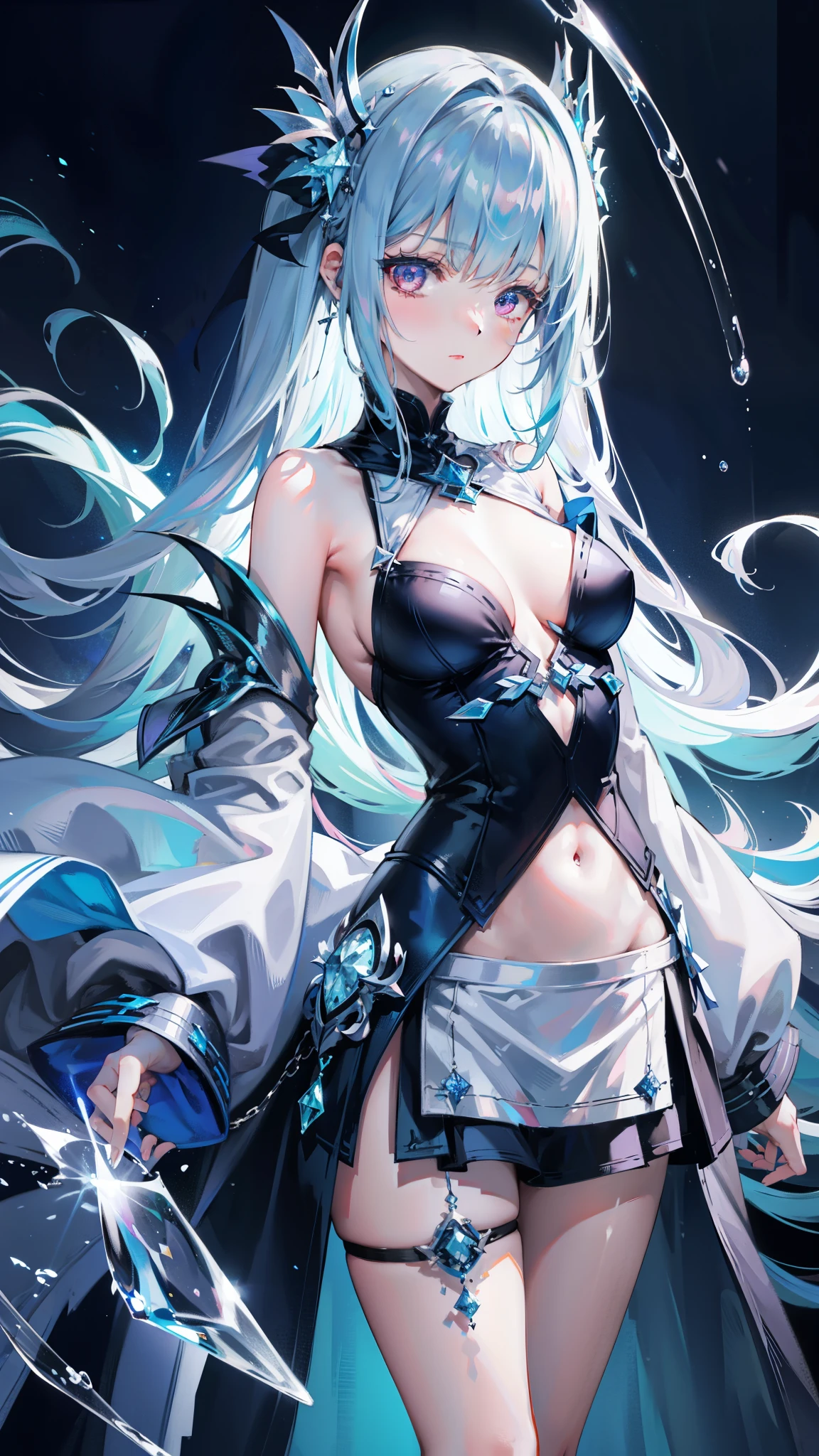 blue theme, masterpiece, magic , (impossible clothes:1.5), miniskirt, gradient background, silver blue hair, , blunt bangs,side lock, pink eyes, (ulzang-6500-v1.1:0.9), 中等breast, breast, Thigh clearance, hair accessories, Arched back, Black_witch_have,complex_Deco,mystery_fountain,luminescent_crystal