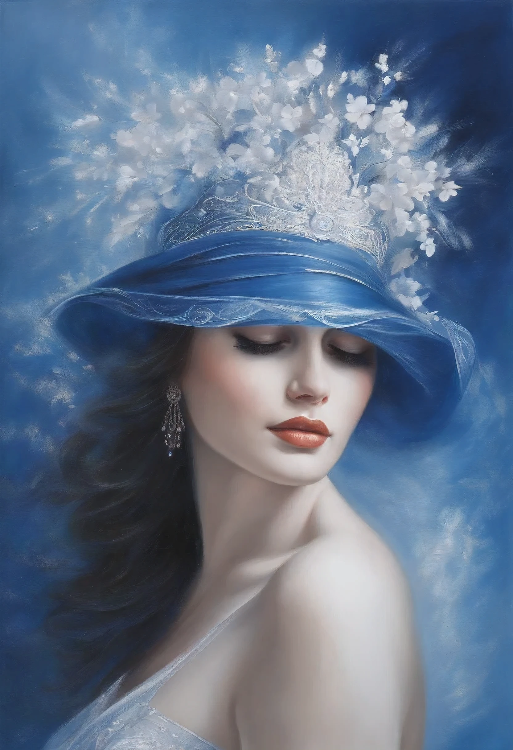Create a blue and white painting that speaks of a person's pure soul, contains an immense love, People always give love to bring great beauty to humanity , The painting has strong lines, only two colors blue , The painting has shimmering transparent light