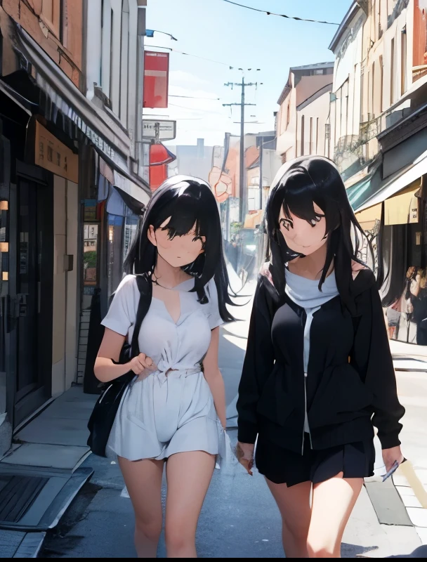 Two beautiful black-haired girls walking side by side through the city