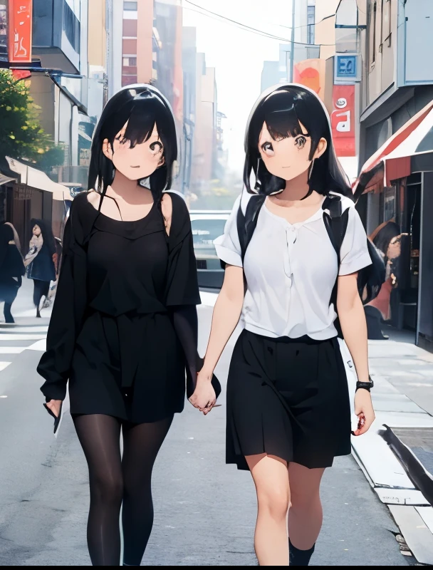 Two beautiful black-haired girls walking side by side through the city