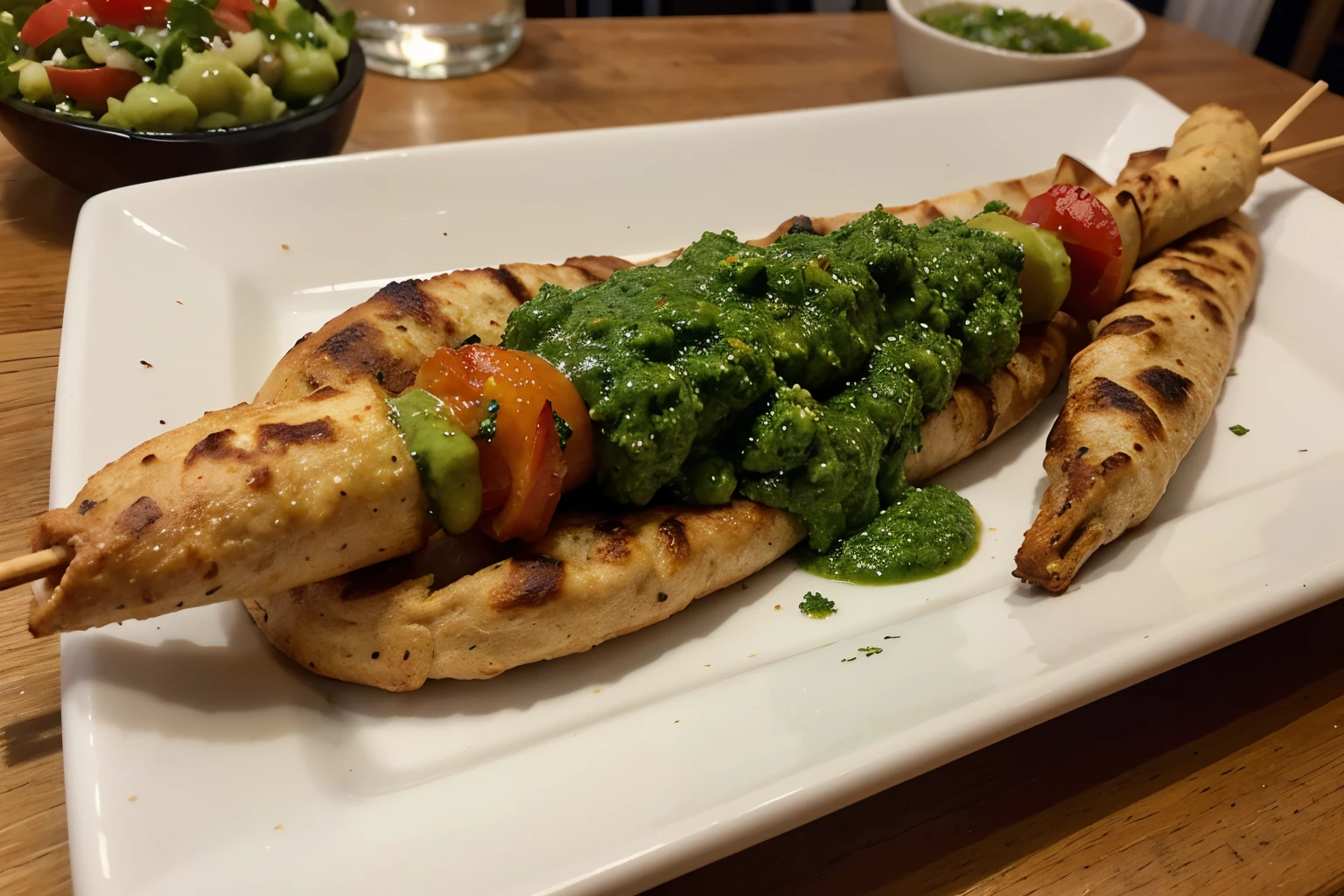 Chicken tikka kebab, paratha with green chutney and onion