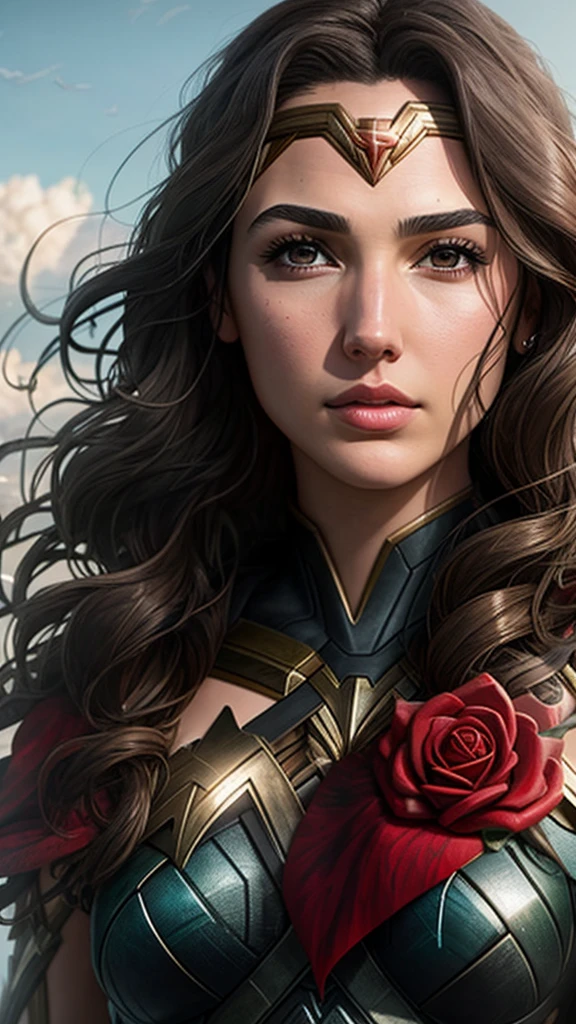 close up photo of Gal Gadot, (rose) digital art, official art, blown by the wind, masterpiece, beautiful, paint splatter, intricate detail. Great detail, [dripping:0.7], Trending on Artstation, Rachel Walker