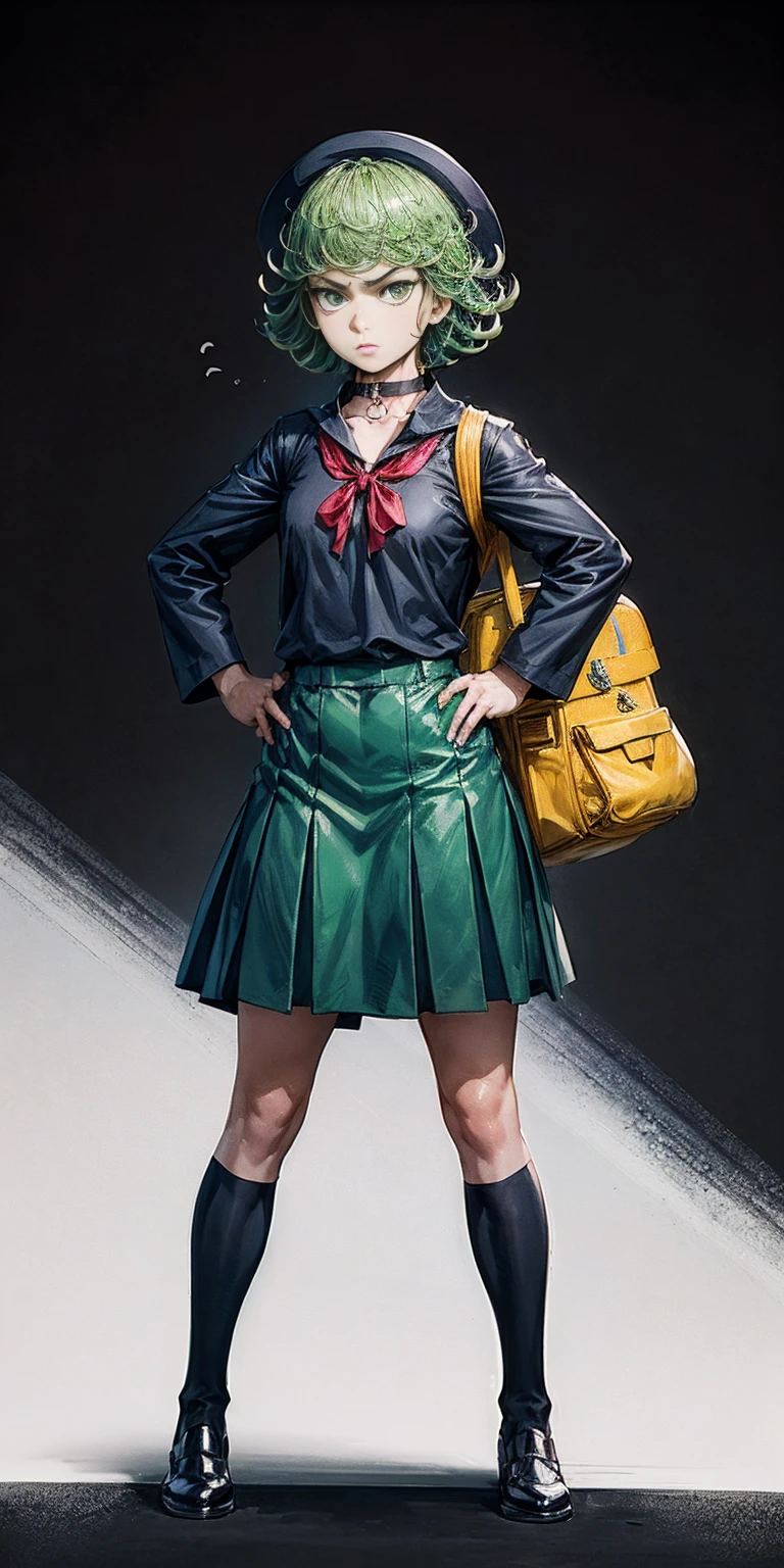 ((black background)) Tatsumaki kneel on WHITE sheet, short bob hair green hair, GREEN EYES, kindergarten_uniform,yellow hat,red school bag, leather choker collar slave , (hands on hips, clenching fist 👊 ✊️)