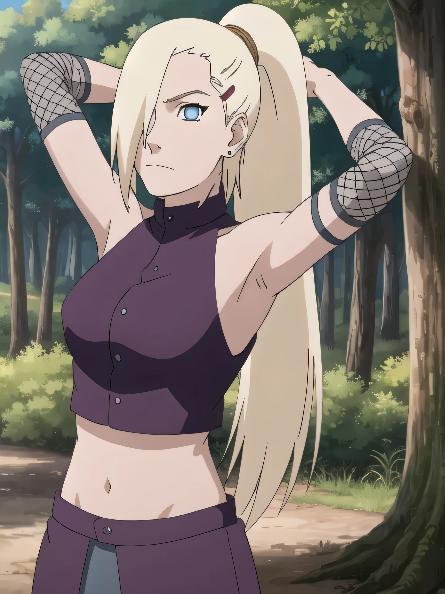 1girl, solo, blue eyes, ponytail, hair over one eye, hairclip, earrings, looking at viewer, long hair, blonde hair, outdoors, forest, closed mouth, sleeveless shirt, bare shoulders, ninja, upper body, midriff, navel, fishnets, arms up, armpits, showing armpits, masterpiece, by masashi kishimoto