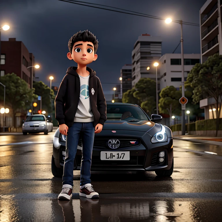 Descreva a cena de um jovem com capuz, wearing a black sweatshirt and jeans, standing on the sidewalk on a rainy night. He is looking at a shiny GTR R35 car passing on the road., Your admiration visible in your eyes. The light from the headlights reflects on the puddles of water around you, enquanto a chuva cai suavemente sobre ele. O som do motor potente ecoa no ar, misturando-se ao som da chuva. The boy remains motionless, captured by the elegance and speed of the car, dreaming of the day when you can be behind the wheel of such an impressive machine.