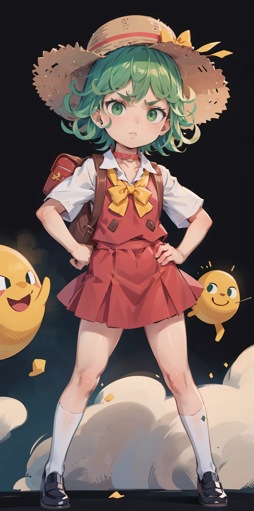 ((black background)) Tatsumaki kneel on WHITE sheet, short bob hair green hair, GREEN EYES, _uniform,yellow hat,red school bag, leather choker collar slave , (hands on hips, clenching fist 👊 ✊️)