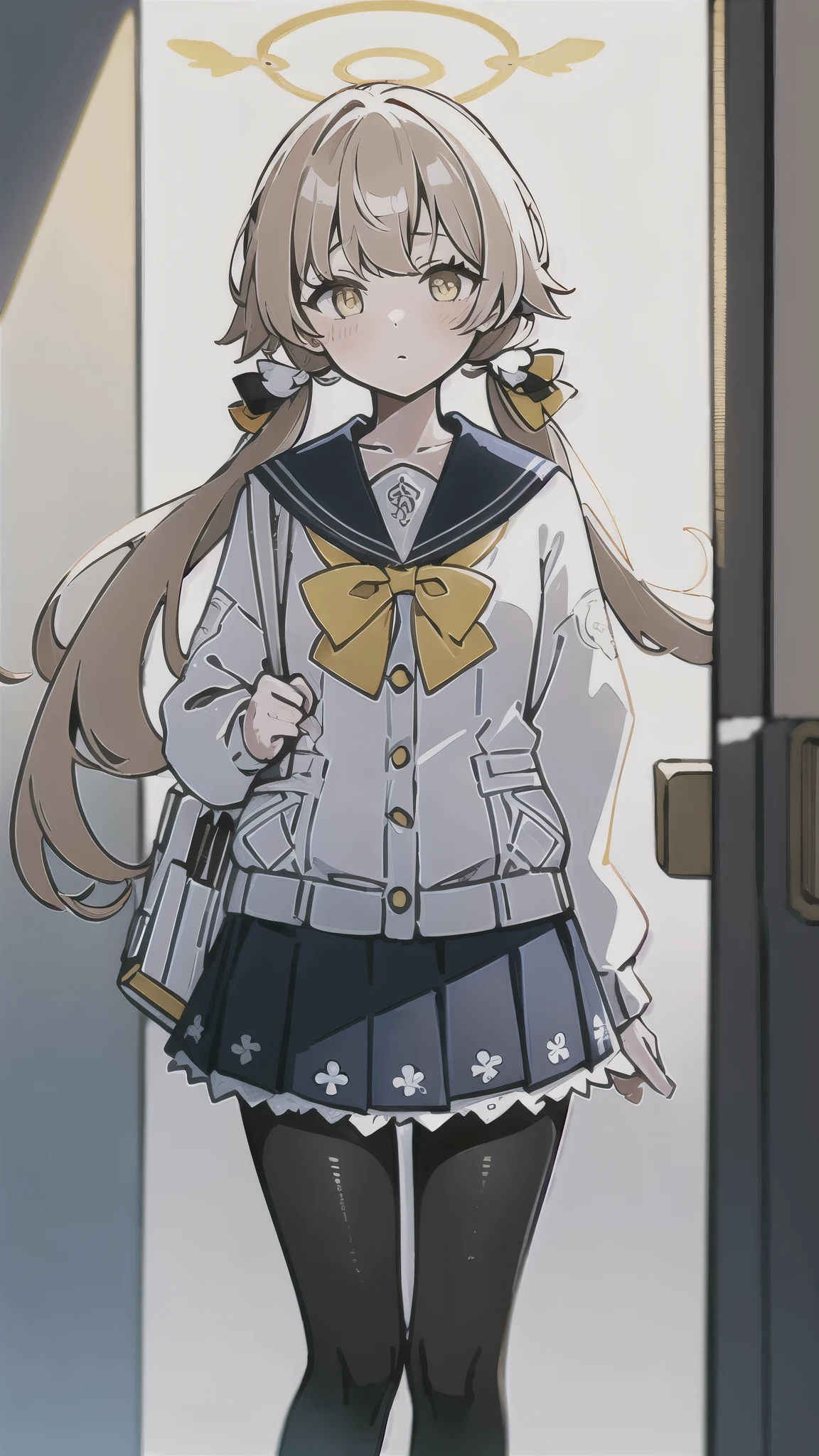 ((masterpiece,best quality)), (illustration), 1girl, solo, hifumi (blue archive), white bag, skirt, halo, black pantyhose, long hair, school uniform, yellow eyes, low twintails, sailor collar, pleated skirt, blue skirt, white cardigan, long sleeves, light brown hair, blush, frilled skirt