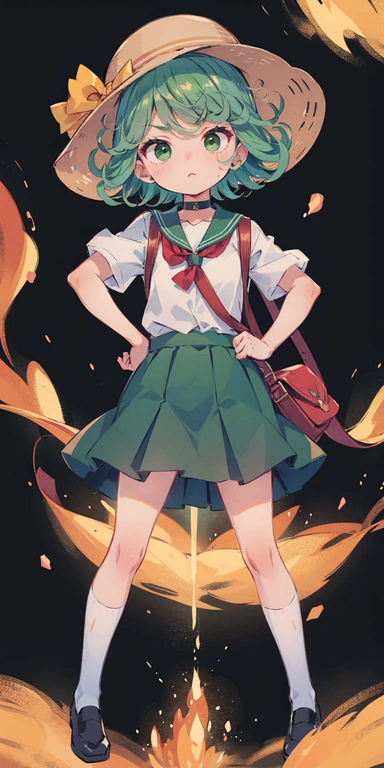 ((black background)) Tatsumaki kneel on WHITE sheet, short bob hair green hair, GREEN EYES, kindergarten_uniform,yellow hat,red school bag, leather choker collar slave , (hands on hips, clenching fist 👊 ✊️)