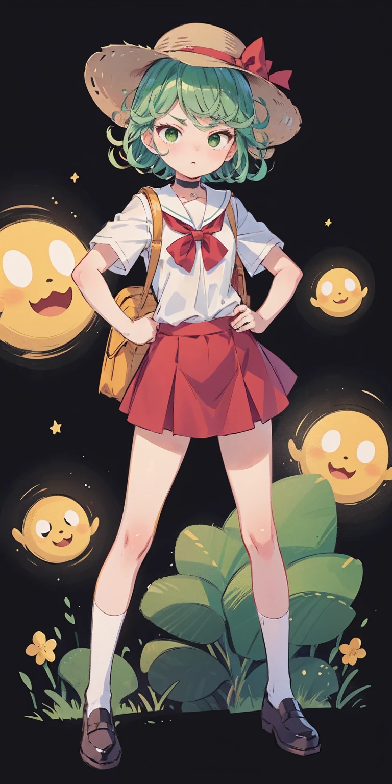 ((black background)) Tatsumaki kneel on WHITE sheet, short bob hair green hair, GREEN EYES, _uniform,yellow hat,red school bag, leather choker collar slave , (hands on hips, clenching fist 👊 ✊️)