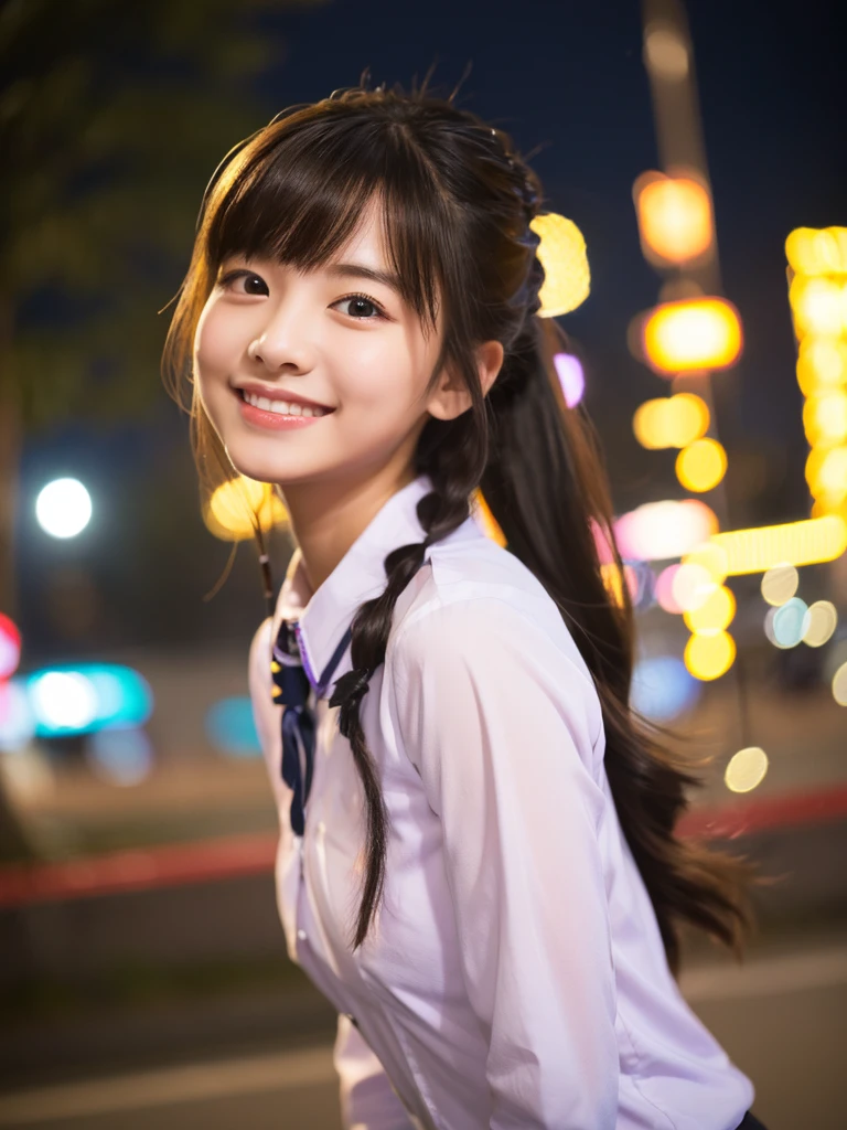 Woman Are standing On The Side Of The Street、young asian woman、beautiful woman pictures、japanese model、with a beautiful young woman、60mm portrait、color photo portrait 4k、soft portrait shot 8k、14 year old girl、(8K、RAW photo、highest quality、masterpiece:1.2)、(realistic、Photoreal:1.37)、super detailed、
1 girl、cute、solo、beautiful detailed sky、Detailed cafe、night、Are standing、date、(nose becomes red)、(Smile:1.1)、(closed your mouth)、B cup breasts、魅惑的なSmile、nightの遊園地、merry-go-round、professional lighting、Sony α7R4、Zecy 50mm F1.8、
(small breasts:1.2)、beautiful detail eyes、(collared shirt:1.1)、ribbon、floating hair、Smile、13 year old girl,ponytail,whole body,
