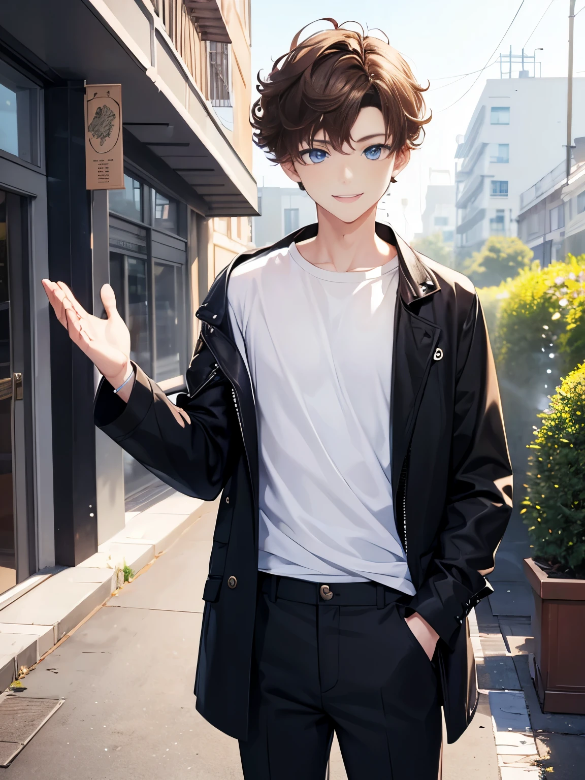 1boy,guy,standing,smile,blue eyes,half body photo,18 years old,Curly hair,medium hair,undercut hairstyle,light brown hair,black jacket,white t-shirt,white trousers,morning,ultra detail,masterpiece