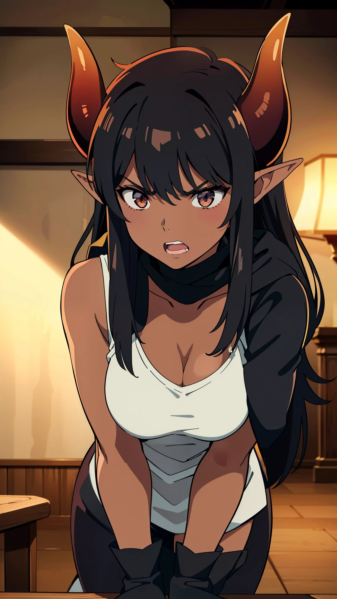 (1girl,20s,solo,mature female,tall),long hair, black hair,,cleavage,horns,elf ears,scarf,(dark skin),(black tank top),(bowing, in a room in a castle),angry,teeth,