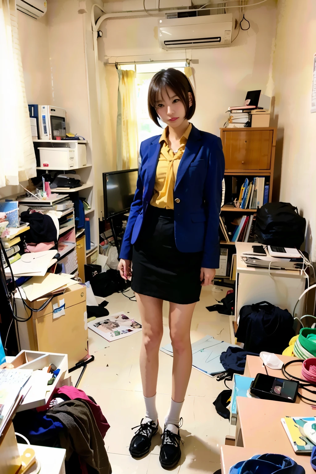 highest quality, Great photo with beautiful color saturation, cute japanese girl, 20 yards, very short hair, messy room, uniform, nsfw,selfie