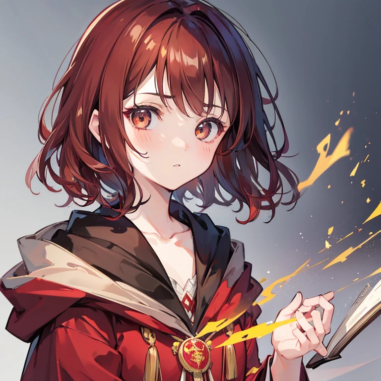 Girl with short wavy hair with half dark red hair refined face with light brown eyes and a Gryffindor robe from Harry Potter INFO
