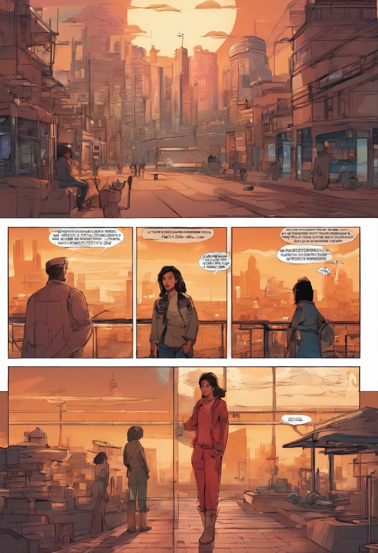 Let's imagine the first page of our cyberpunk comic, donde establecemos el tono y presentamos a la protagonista. Here I propose a page structure with dialogues in Spanish:
Vignette 1: A futuristic skyline with the sunrise reflecting on high-tech buildings.
Narrador: "Amanece en Neo-Terranova, la ciudad que nunca duerme, where humanity and technology intertwine in an eternal embrace..."
Vignette 2: Un primer plano de los ojos de la protagonista, mirando por la ventana de un rascacielos.
Protagonista (pensamiento): "Another day in this steel maze. How much is left of the girl who dreamed of stars, now that the circuits dictate my dreams?"
Vignette 3: The protagonist prepares for the day, putting on a jacket with technological details.
Protagonista (pensamiento): "Se dicen libres aquellos que ignoran las cadenas. Yo, en cambio, I know mine: nanofibers that tied me to decisions I never made."
Vignette 4: La protagonista sale a la calle, donde gente y robots coexisten.
Protagonista (pensamiento): "Este es mi mundo, a symphony of silicon and soul, where every step is a chord in the music of tomorrow."
Vignette 5: La protagonista se sube a su motocicleta, ready to face the day.
Protagonista (pensamiento): "You can call me 'sevolution', pero yo solo me veo como alguien en busca de respuestas. Hoy, gal, I will find them..."
This first page immerses the reader in the cyberpunk environment and presents the protagonist as a woman aware of her hybrid nature and reflective about her place in the world.. The dialogues are designed to give insight into your inner thoughts and how you perceive your surroundings..