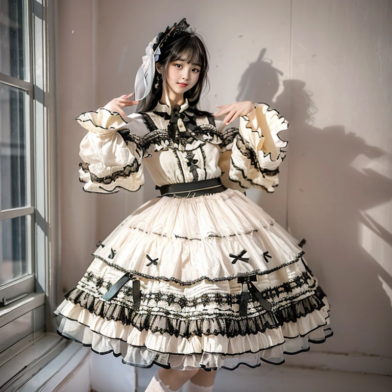 best quality, delicate face,beautiful visual work, lifelike, 2 girls, eternal, black hair, Long curly hair, blunt bangs, Smile, pink skirt, pink lolita dress, layered skirt, Lolita style long skirt,分層連衣裙 lace-trimmed 裙子, decorate, lace, long sleeve, puff sleeves, wide sleeves, Transparent sleeves, hair accessories, 在flower园里, flower, Detailed background, delicate face,pink blush,White knee-length socks, Pink shoes,cold,Lots of lace,((Masterpiece))、(top quality)、8K、high detail、super detailed,21 years old female,穿着pink lolita dress((dreamy atmosphere:1.1))、Seductive and whimsical style、Masterpiece、born、Scenes resembling fairy tale illustrations、Intricate details showcase the ruffles and intricate designs of the Lolita dress、beautifully、magic、capricious、 beautifully、Dream aesthetics、「𝓡𝓸𝓶𝓪𝓷𝓽𝓲𝓬、ethereal、charming、fickle、magic」、realism、Visual effects、FXAA、SSAO、shader、voiceless、environmental lighting、Tone mapping、High resolution、ultra high definition、megapixel、(8K resolution:1.10)、8K、Below 8K、8K resolution、high detail、intricate details, (high quality:1.2、Masterpiece:1.2、:1.21)、(21 years old female:1.21)、(興奮地Smile)、(Surrounded by the dreamy atmosphere、High heel、Model diagram,full-body shot,Knee-high 白色的 lace socks,Sweet Lolita,Normal 2 feet,Pink shoes,Baotou shoes,silver crown tiara,Don't show your fingers,lolita cake dress,Thousand layer skirt,Every layer has lace,The skirt has a hem,cold,big breasts,hands on hips,Wide cuffs cover hands,2 girls