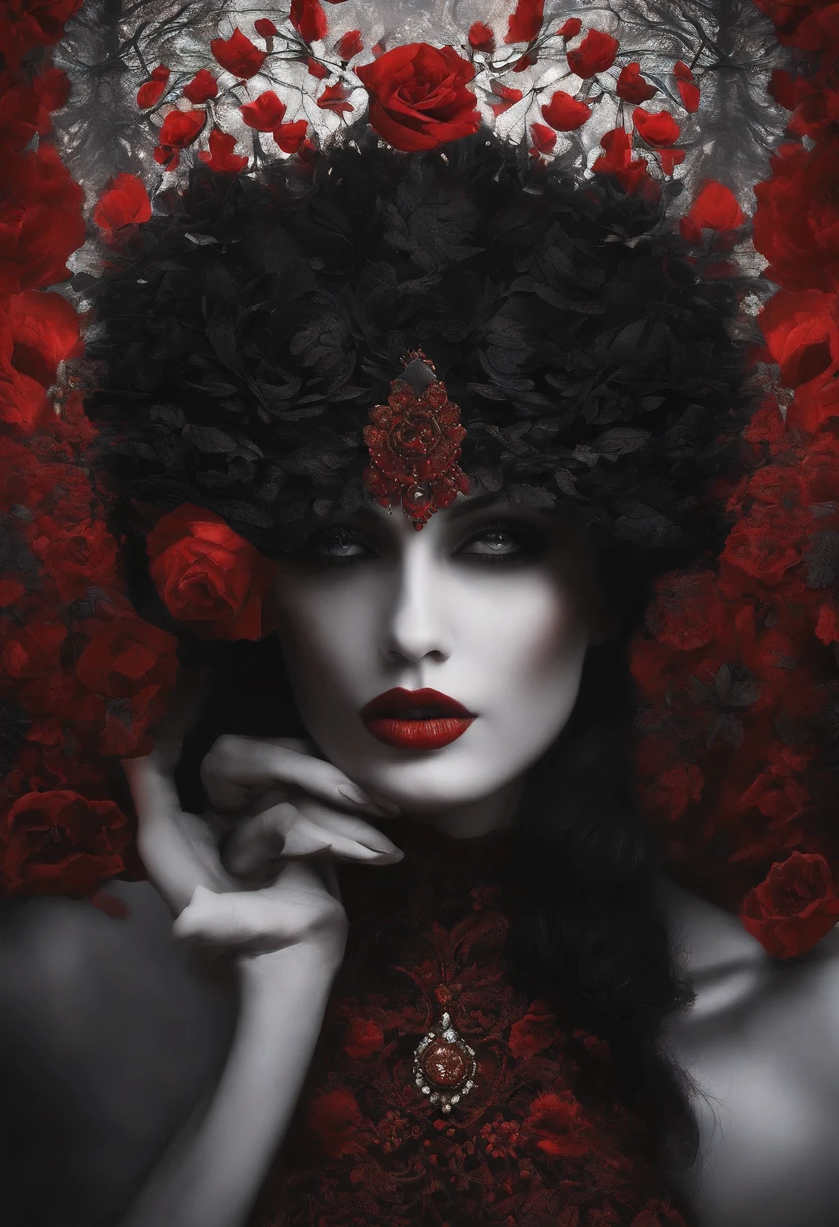 Creates an impressive black and red painting that is mystical and has a mysterious quality, Express a unique personality , People are so beautiful that they are dreamy and shake the whole world , melancholic eyes captivate all senses around