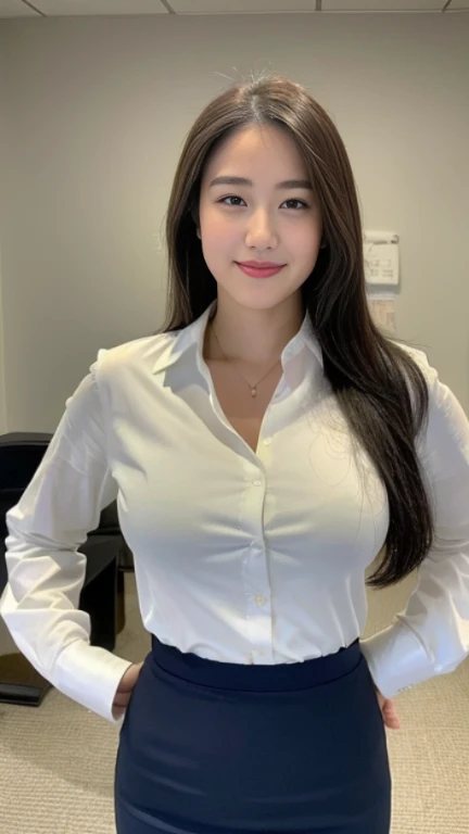 ((highest quality, 8K, masterpiece, portrait: 1.3)), (looking at the viewer), (full shot:0.85), attractive business mature woman, 1 person, a little chubby:0.35, white collared shirt, gray skirt,((big breasts)) (big pelvis:0.3), (officeの机にあぐらをかいて座っている)), smile:0.2, president&#39;office,good posture、