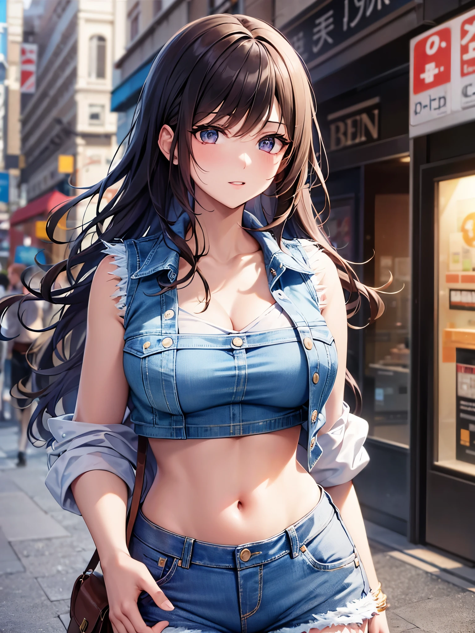 ((highest quality)),(ultra high resolution),(Super detailed),(detailed description),((best CG)),(best work of art),super precision art,amazing drawing art,(Art with precise details:1.5), (Adult woman walking on the street:1.6),(beautiful and well-shaped face:1.5),(crop top front open vest:1.6),(denim shorts:1.5)