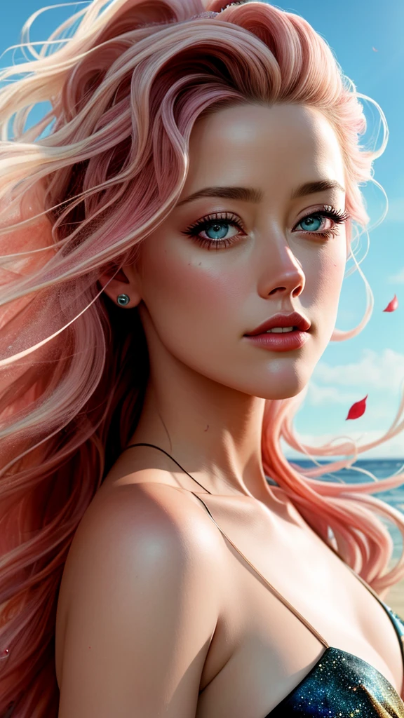 A beautiful and seductive girl catches the eye with her stunning appearance. Sua pele rosa e cabelos loiros acentuam sua beleza natural. Penetrating green eyes reflect mystery and charm. com um corpo magro, Ela mostra seios grandes, bem como voluptuoso e bem definido. Your nails are meticulously painted pink, adicionando um toque de feminilidade. olhos detalhado, boca detalhado, nariz detalhado, rosto detalhado, Volumetric lips, Como um preenchimento labial feito, cintura fina, Adicione uma atmosfera de sensualidade. Digital illustration with detailed and realistic style